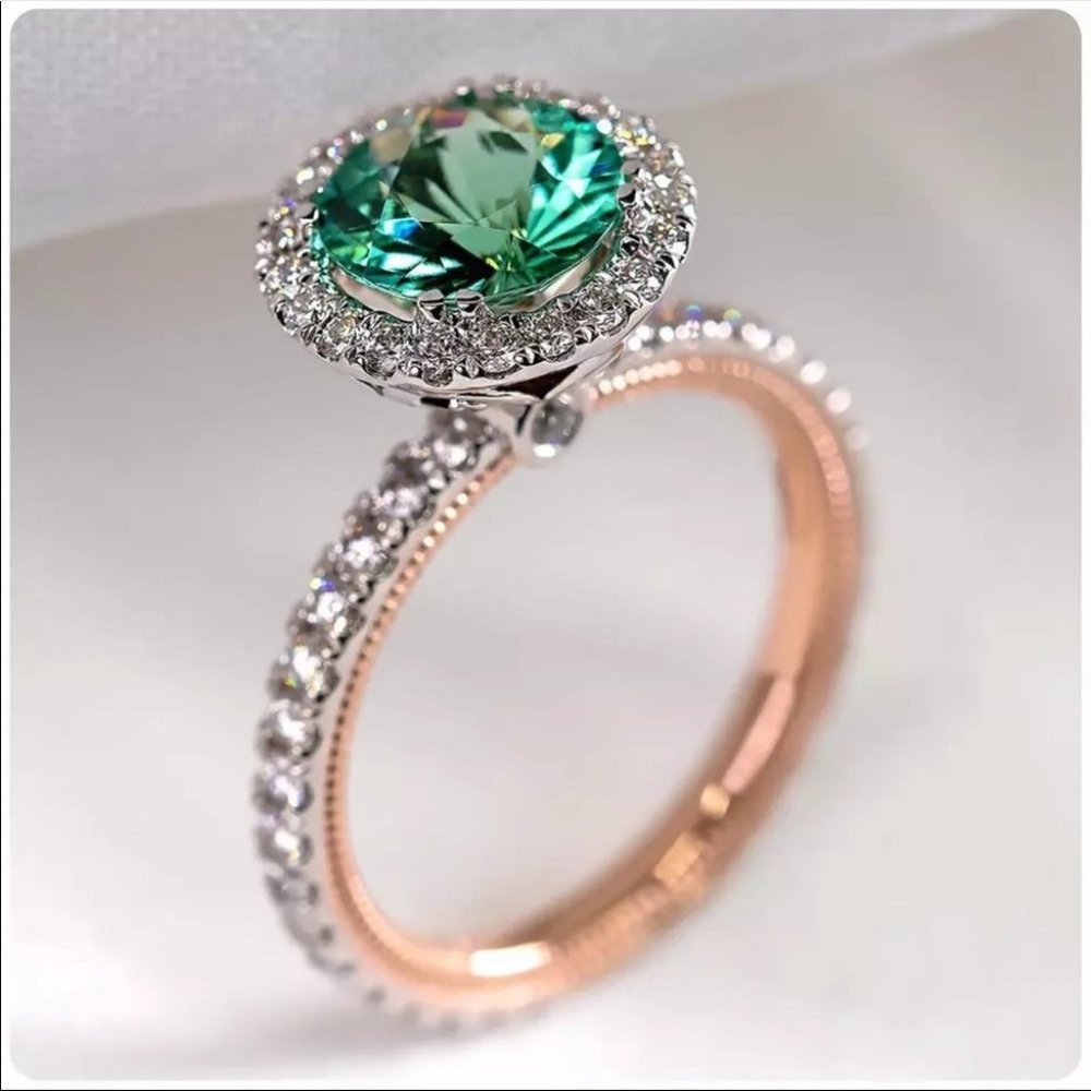 New Two Tone 925 Silver Women Emerald Round Ring - Picture 1 of 4